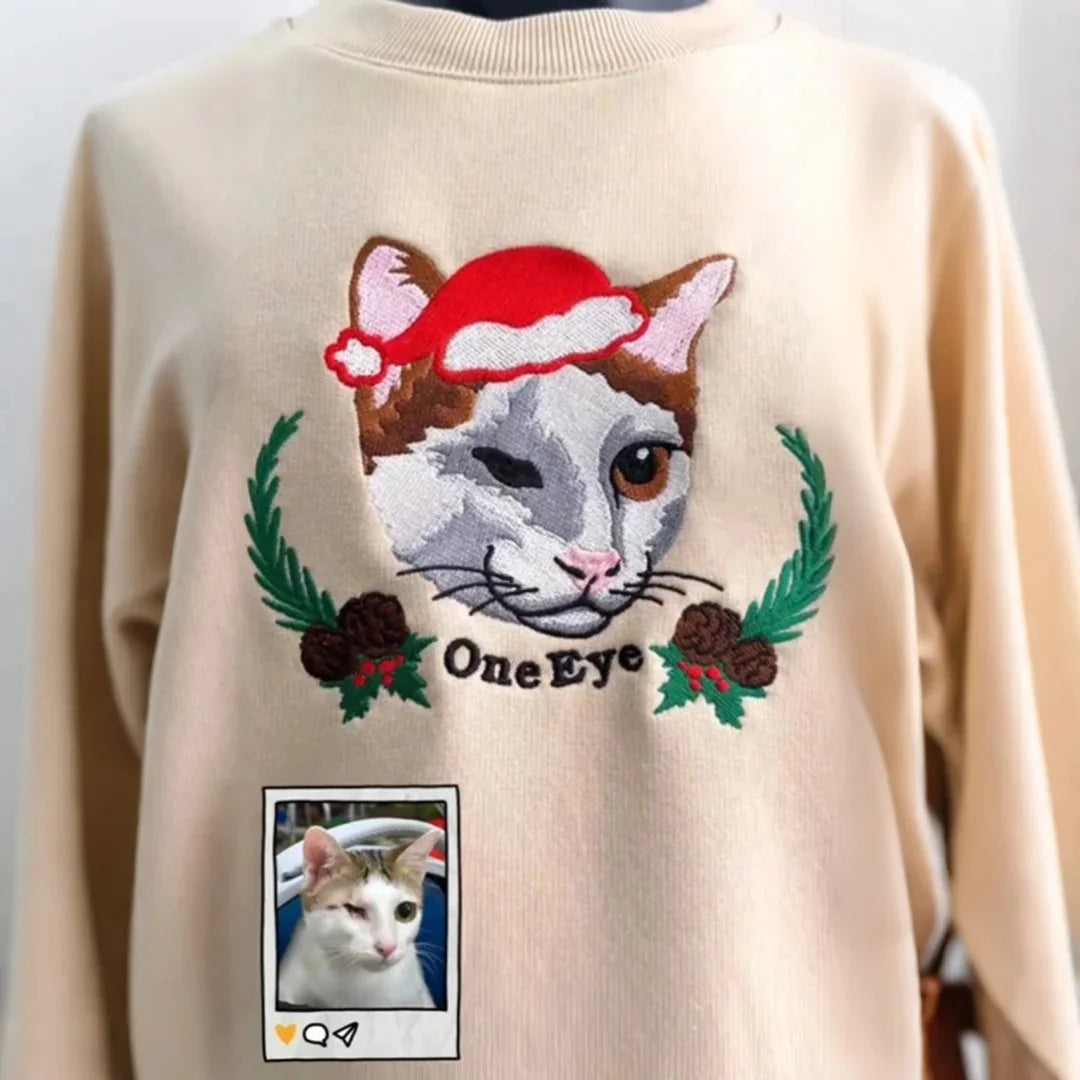 Custom Full-Color Pet Portrait Sweatshirt, Personalized Dog Embroidered Hoodie with Floral Design