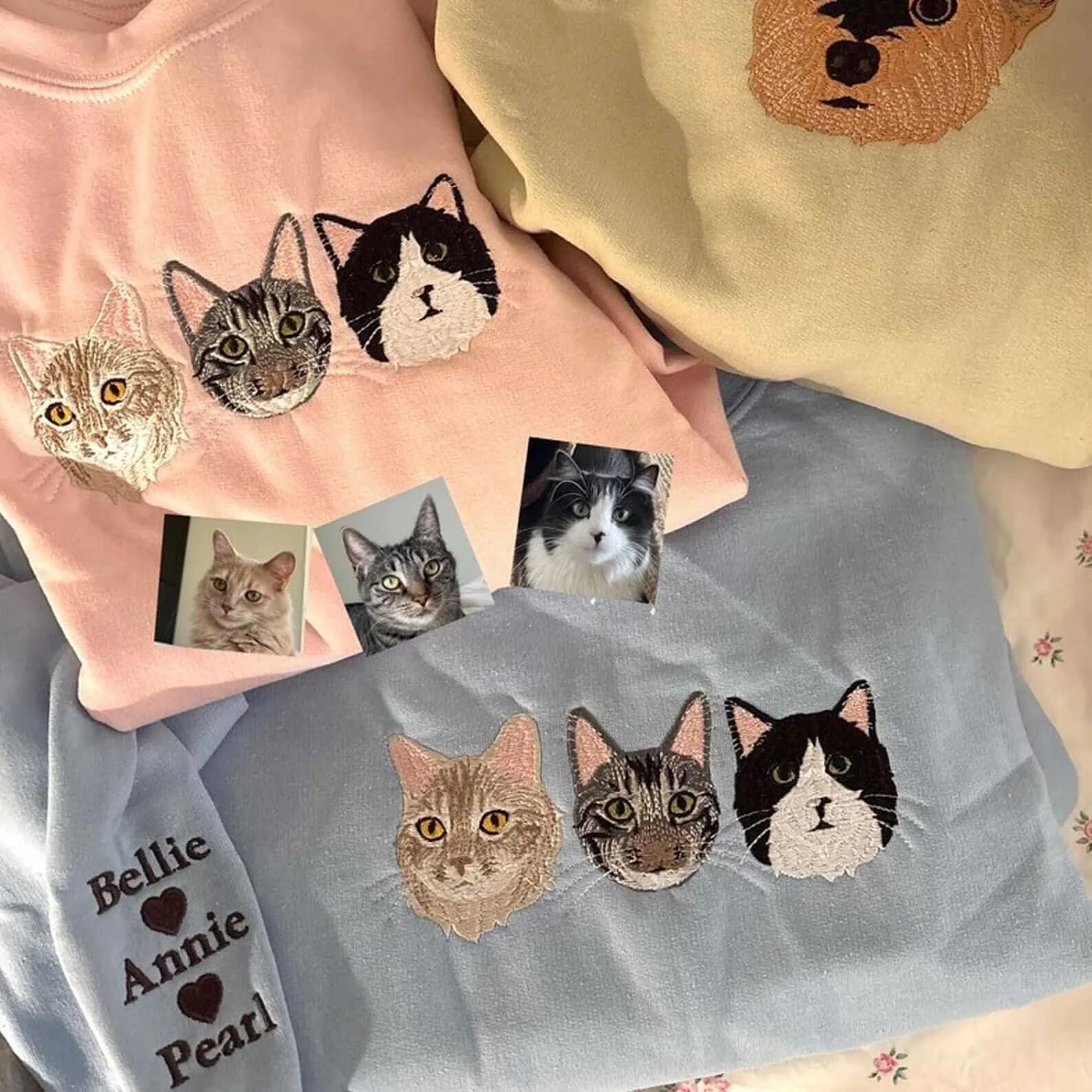 🐶🐱🐎 Full Color Pet Portrait Embroidered Sweatshirt – Custom Dog, Cat & Horse Face with Name/Date