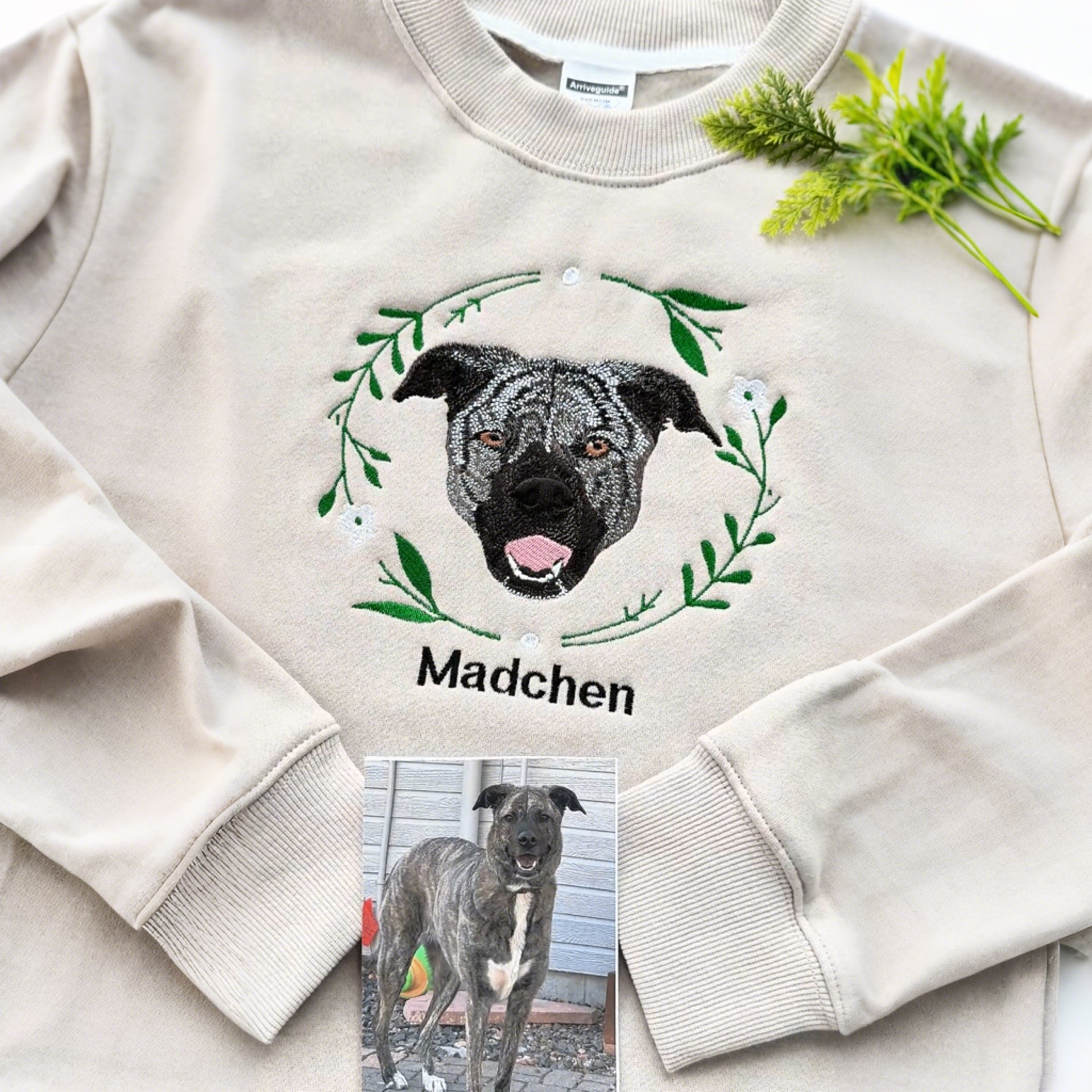 Personalized Embroidered Hoodie, Custom Dog Portrait in Full-Color with Floral wreath Design
