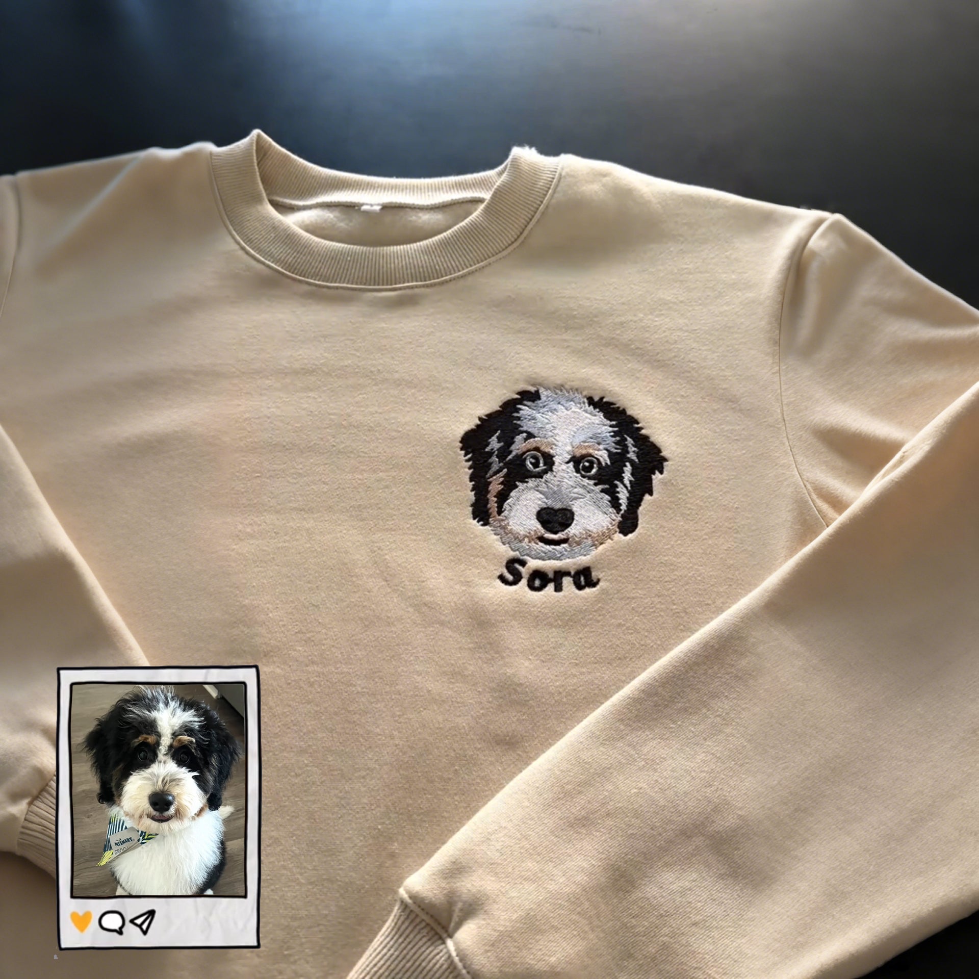 Full Color Pet Portrait Embroidered Sweatshirt, Hoodie – Custom Dog, Cat Face with Name/Date