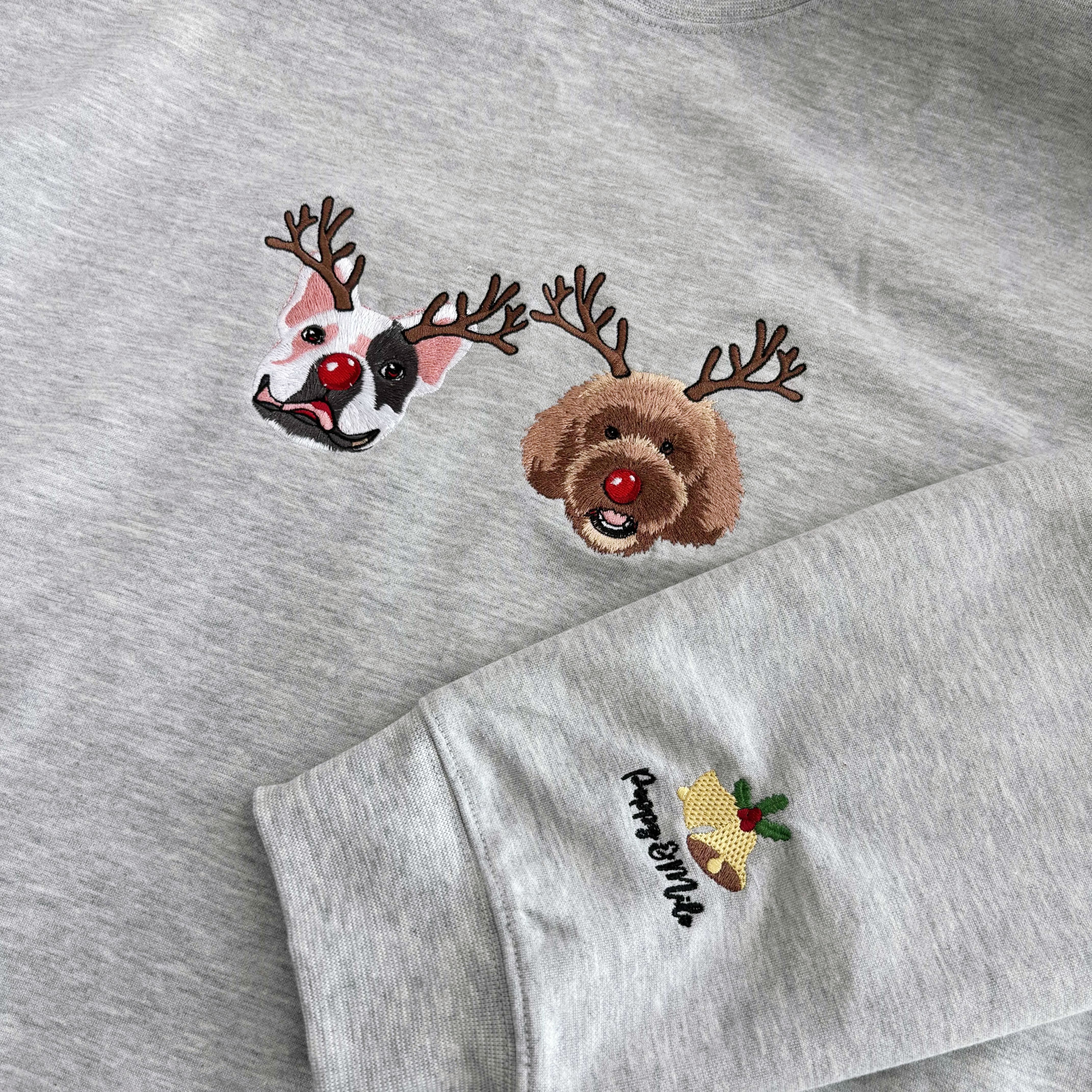Custom Dog Embroidered Christmas Sweatshirt with Funny Reindeer Design