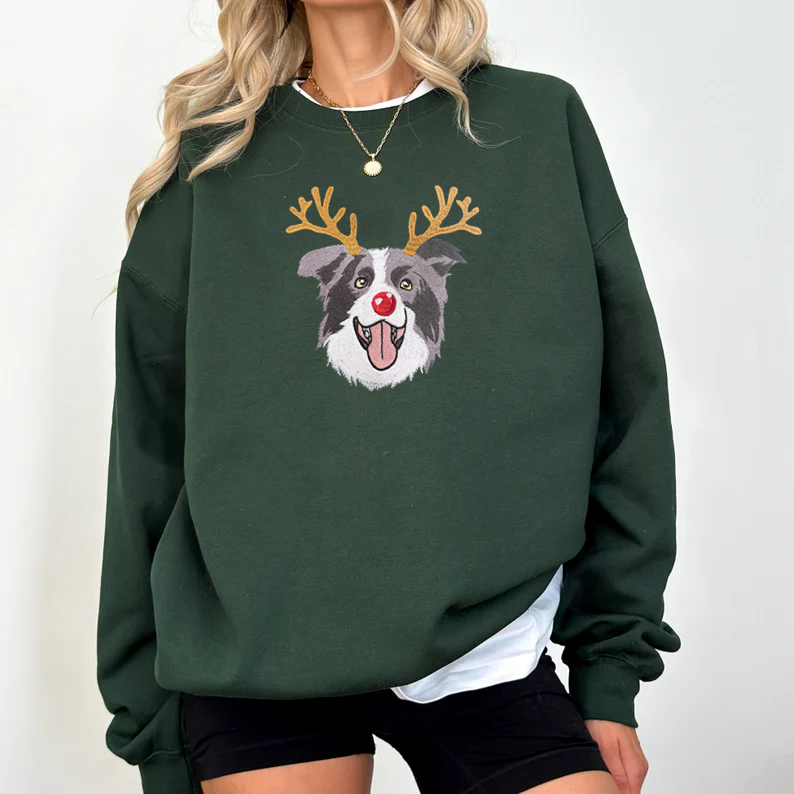 Custom Dog Embroidered Christmas Sweatshirt with Funny Reindeer Design