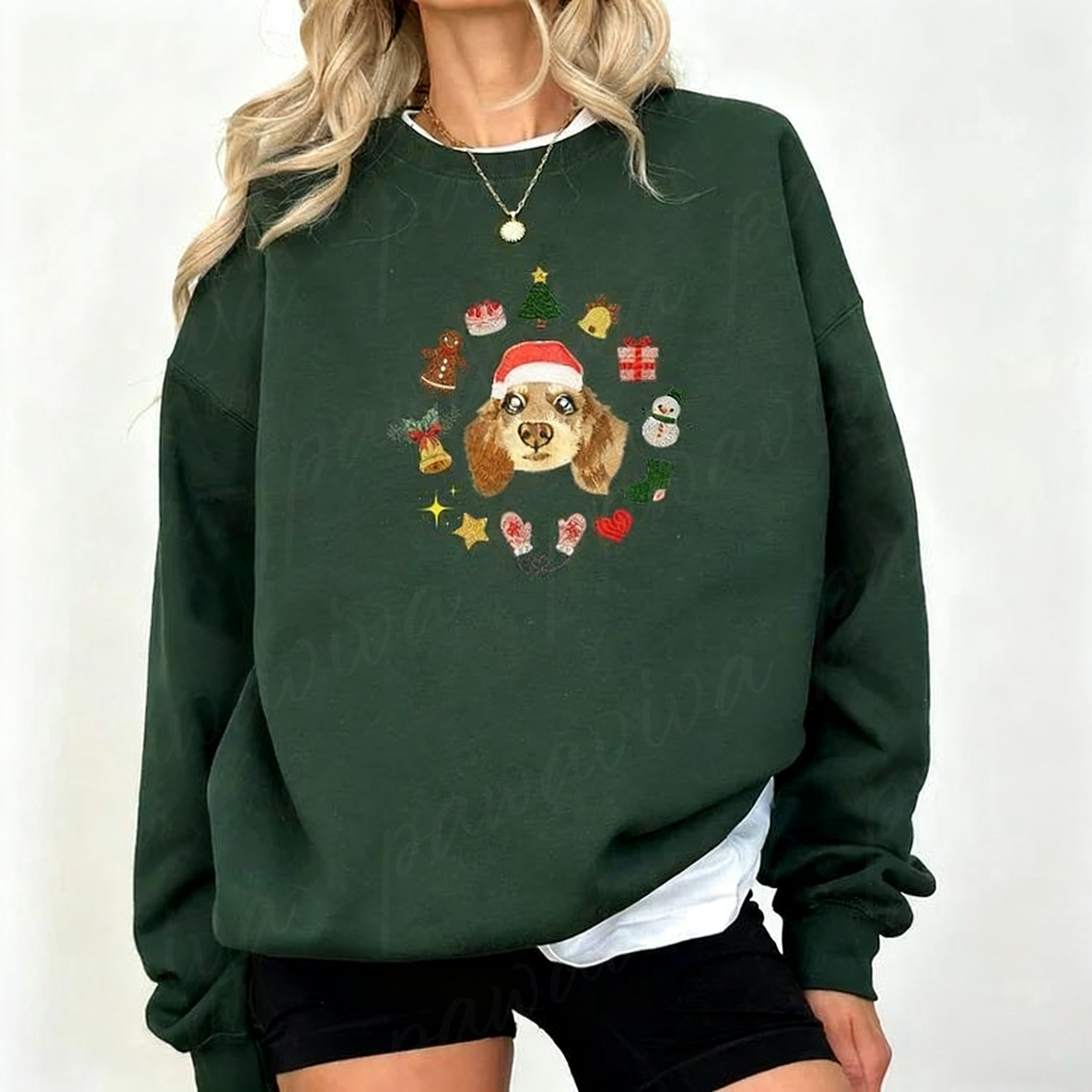 Custom Pet Portrait Christmas Sweatshirt with Festive Embroidered Elements