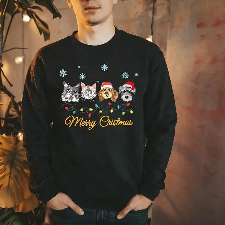 Custom Pet Portrait Christmas Sweatshirt with Snowflake and Christmas Lights Embroidery