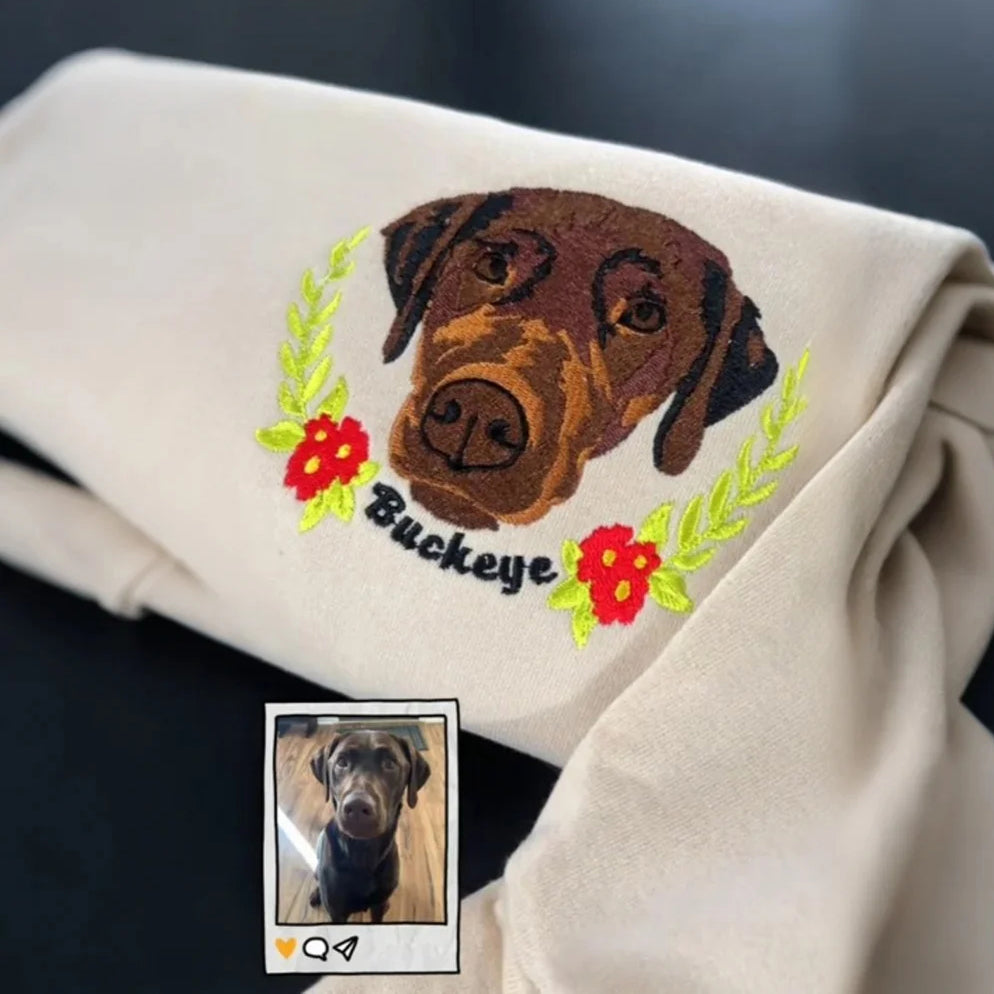 Custom Full-Color Pet Portrait Sweatshirt, Personalized Dog Embroidered Hoodie with Floral Design