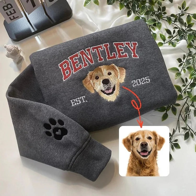 Custom Pet Portrait Sweatshirt – Embroidered Dog Face & Sparkling Sequin Name