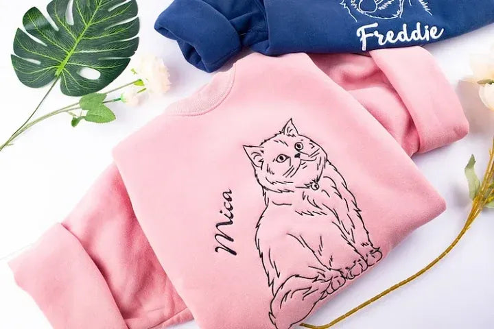 Custom embroidered hoodie, full-body pet sketches embroidered