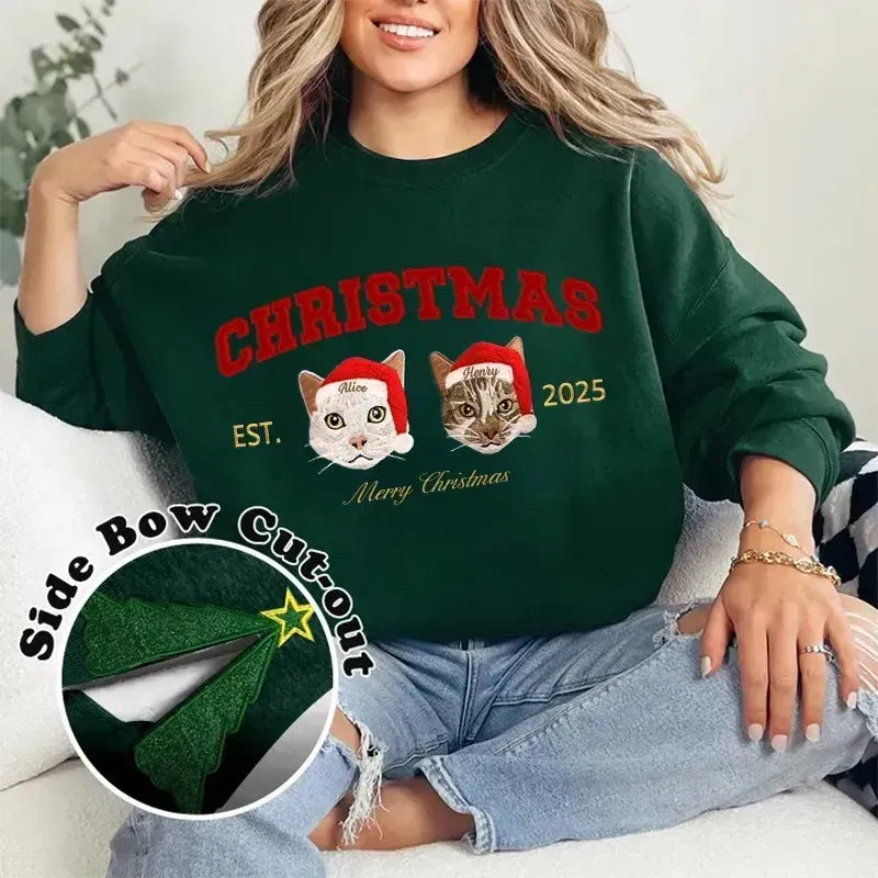 Custom Merry Christmas Embroidered Pet Portrait Sweatshirt with Glitter Side Bow Design