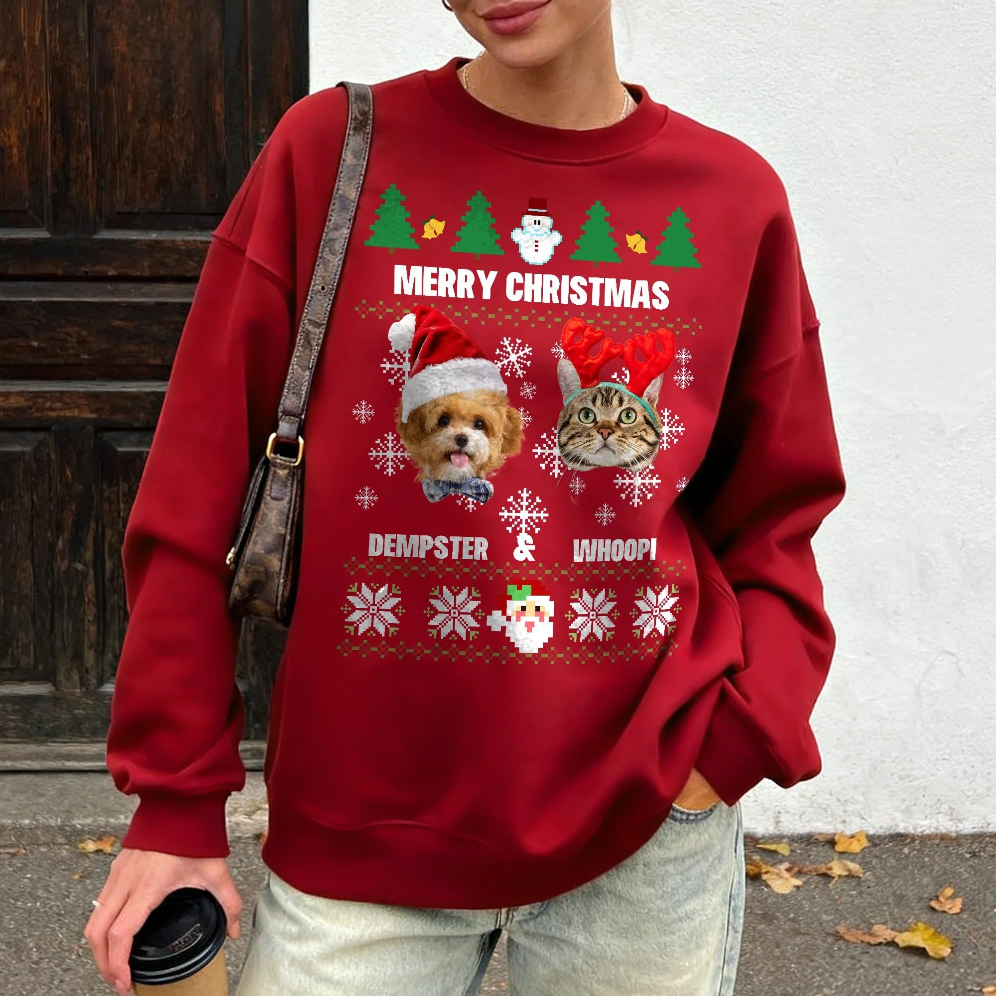 Personalized Multicolor Santa Hat 1-2 Pet Face Photos Soft Sweatshirt with Name Christmas Gift for Pet Owners