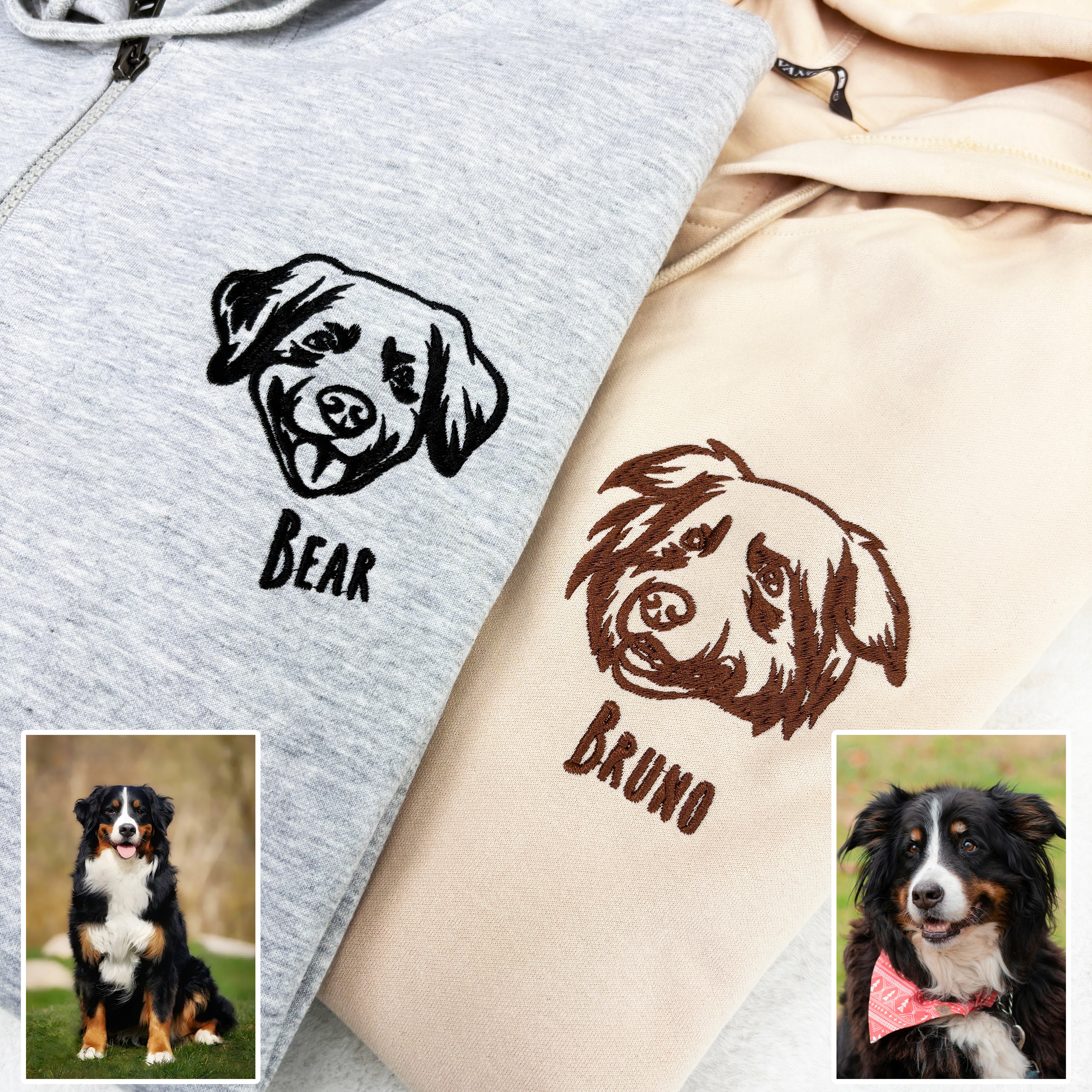 Custom Embroidered Pet Portrait Hooded Zip Up Hoodie