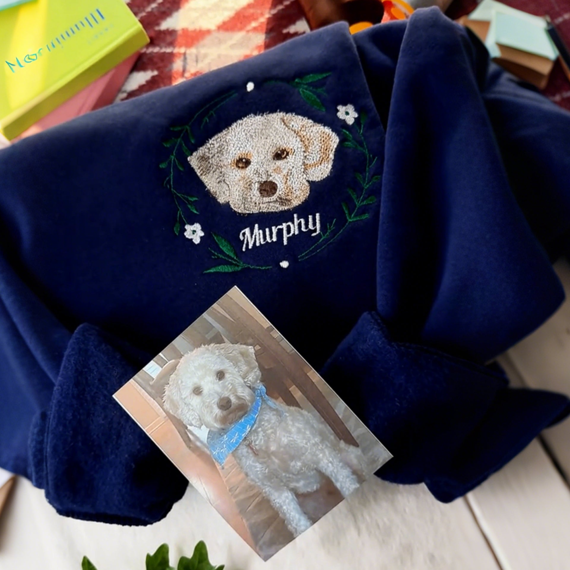 Personalized Embroidered Hoodie, Custom Dog Portrait in Full-Color with Floral wreath Design