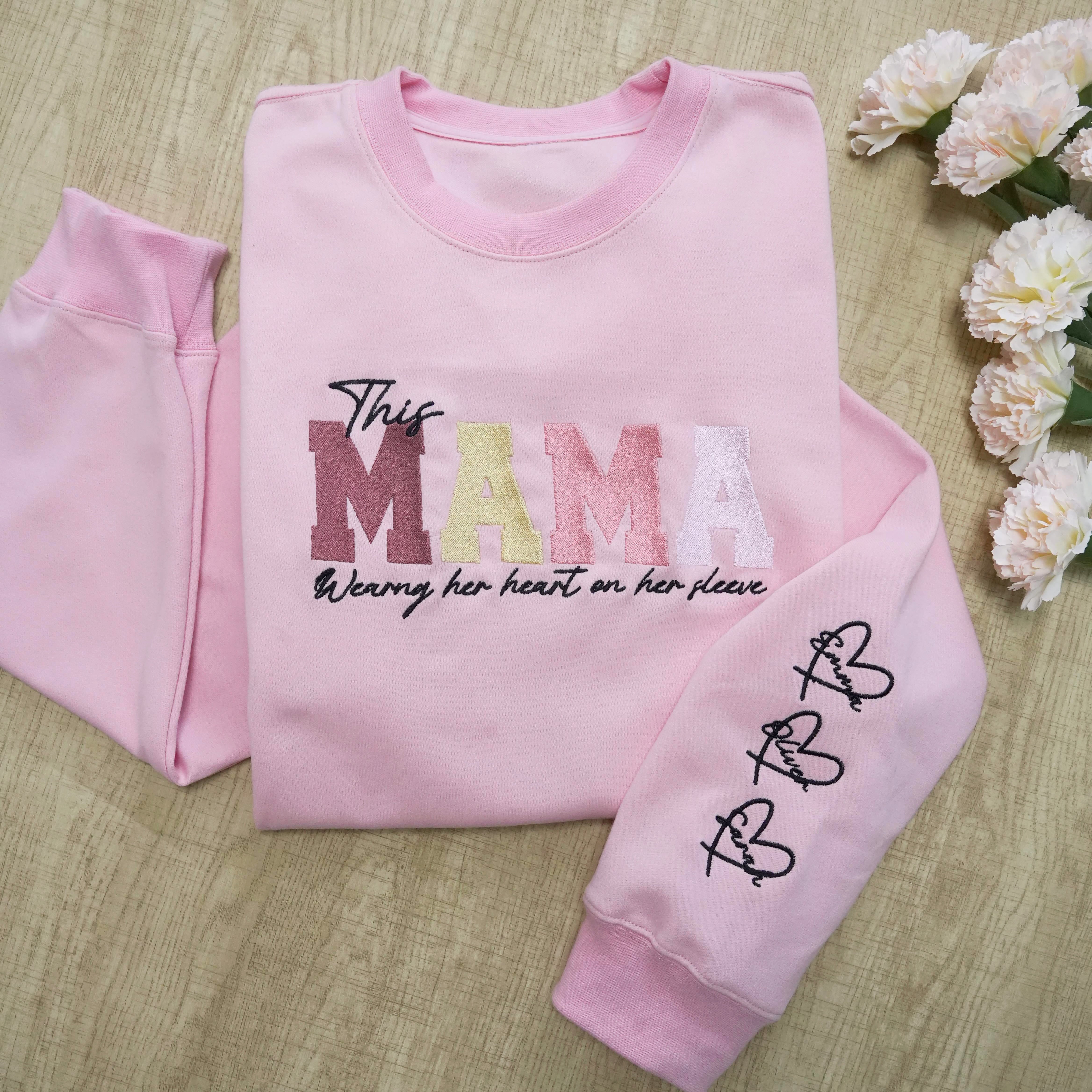 Embroidered Custom Mom Wears Her Heart On Her Sleeve T-Shirts, Sweatshirts, Hoodies