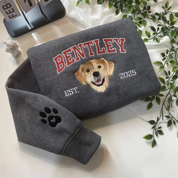 Custom Pet Portrait Sweatshirt – Embroidered Dog Face & Sparkling Sequin Name