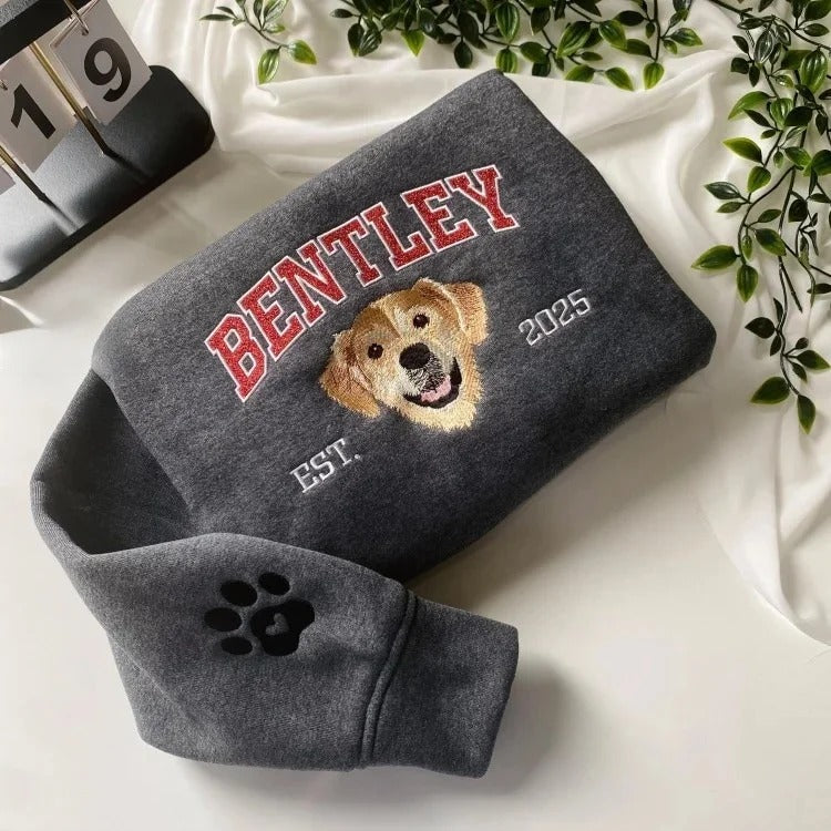 Custom Pet Portrait Sweatshirt – Embroidered Dog Face & Sparkling Sequin Name