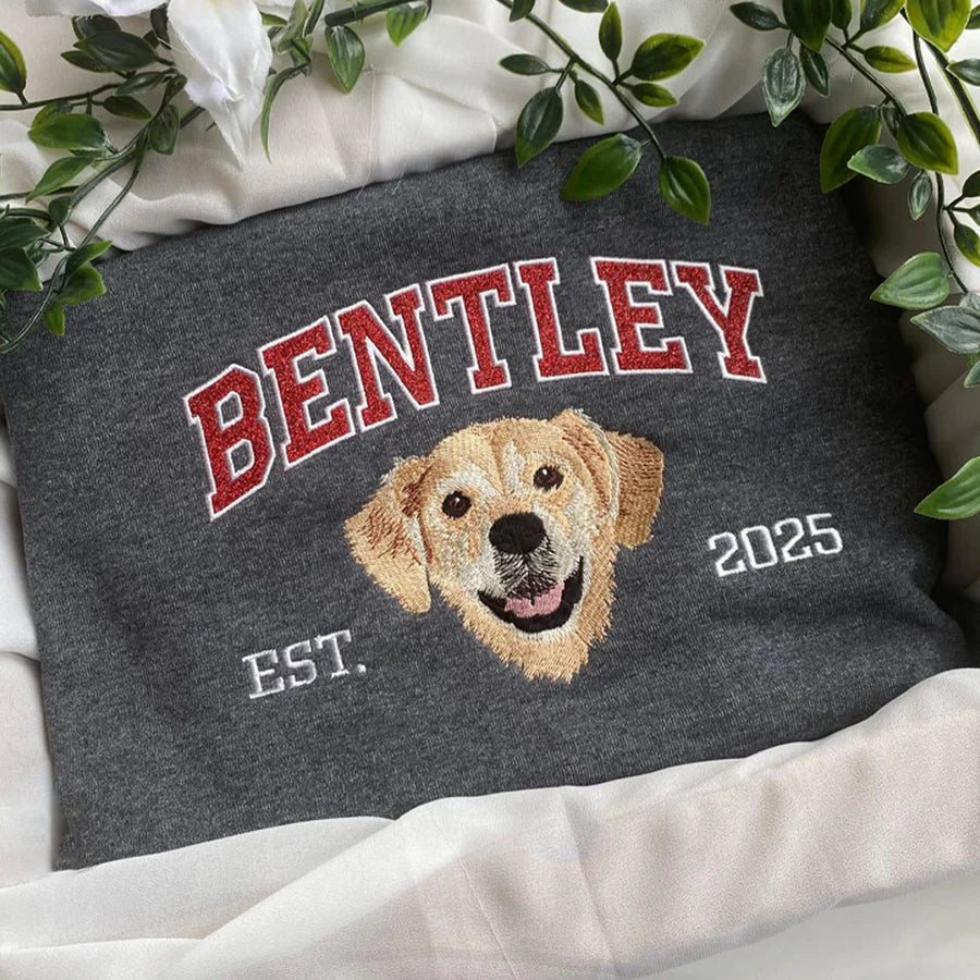 Custom Embroidered Pet Portrait Crewneck Sweatshirt, Unique Pet Gift
