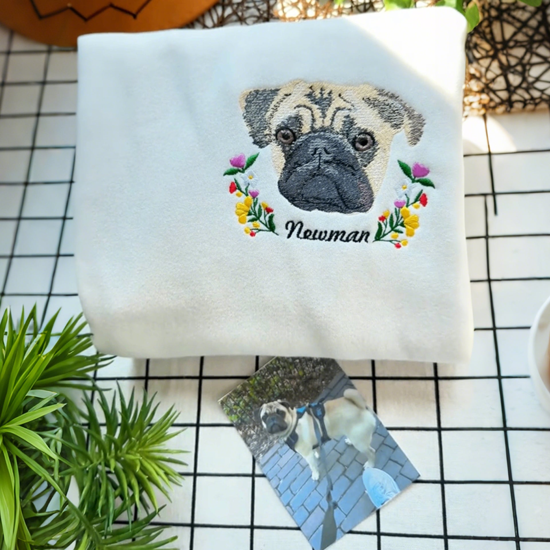 Personalized Embroidered Hoodie, Custom Dog Portrait in Full-Color with Floral wreath Design