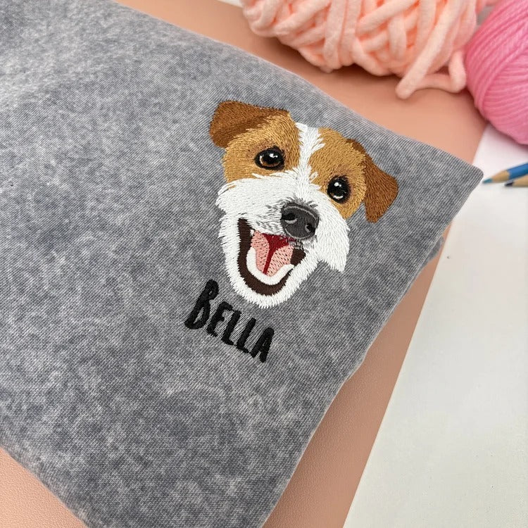 Custom Pet Portrait Embroidered Vintage Washed Sweatshirt T-Shirt Hoodie