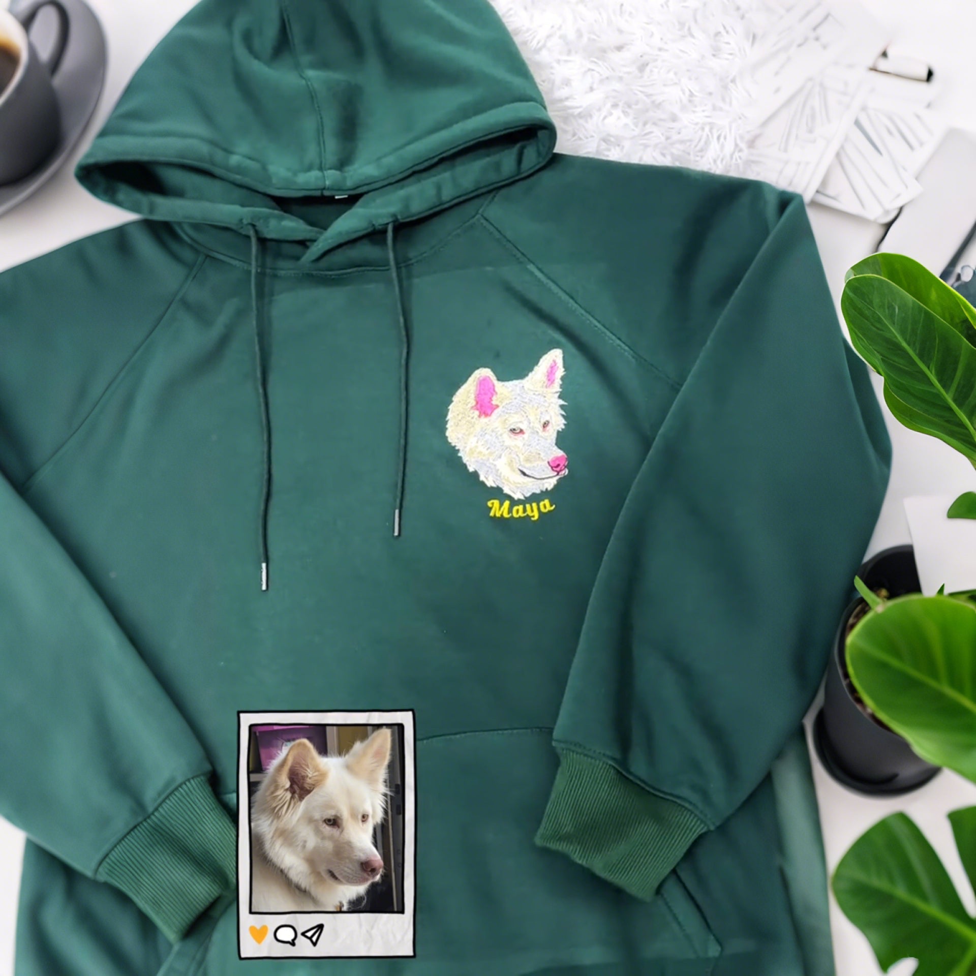 Full Color Pet Portrait Embroidered Sweatshirt, Hoodie – Custom Dog, Cat Face with Name/Date