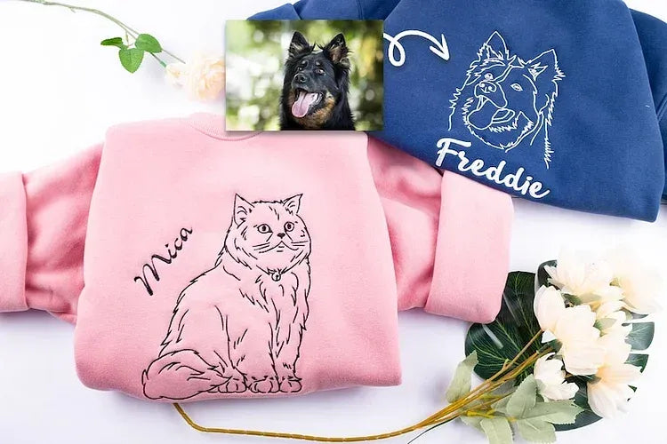 Custom embroidered hoodie, full-body pet sketches embroidered