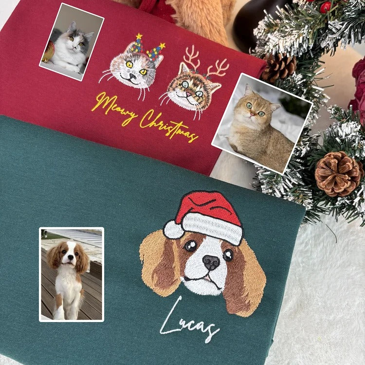 Custom Christmas Pet Sweatshirt Jumper – Dog or Cat Face Embroidered Sweatshirt
