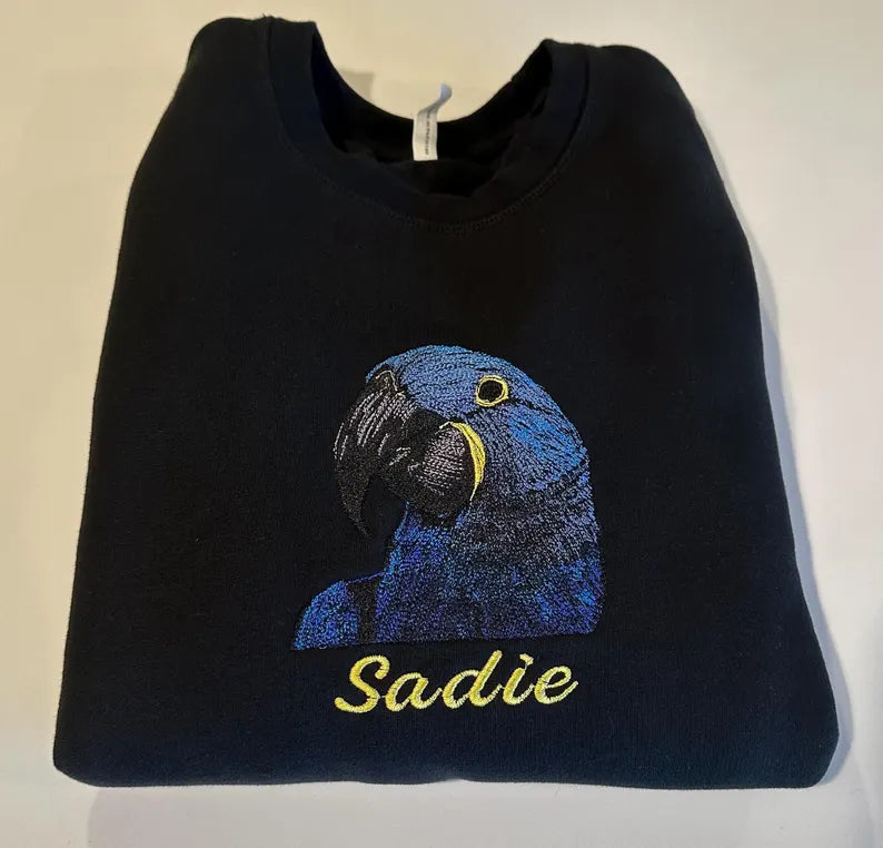 Embroidered Parrot Portrait with Intricate Face Details - Unique Gift for Bird Lovers