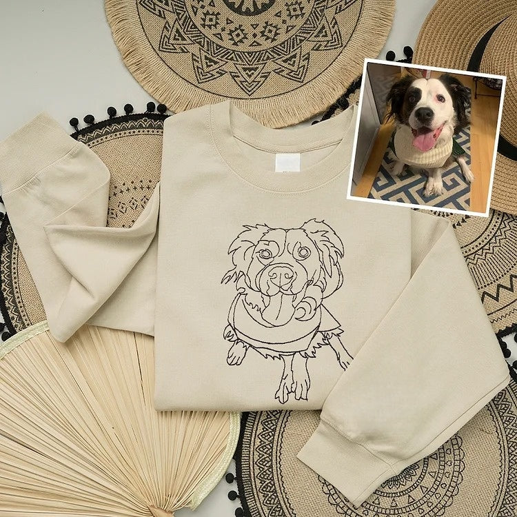 Custom embroidered sweatshirts, full-body pet sketches embroidered