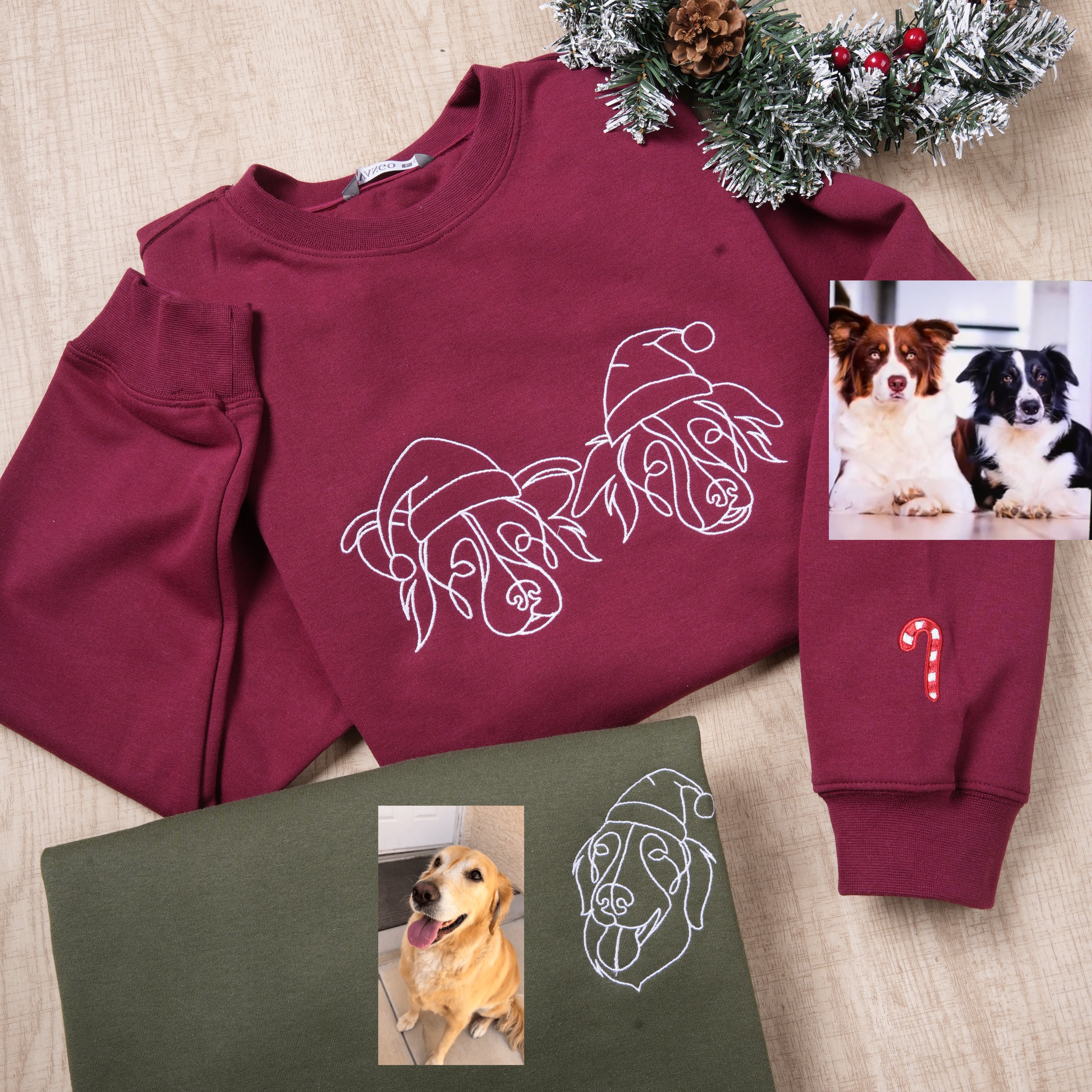 Custom Christmas Pet Face Sketch Embroidered Fleece Hoodie with Santa Hat