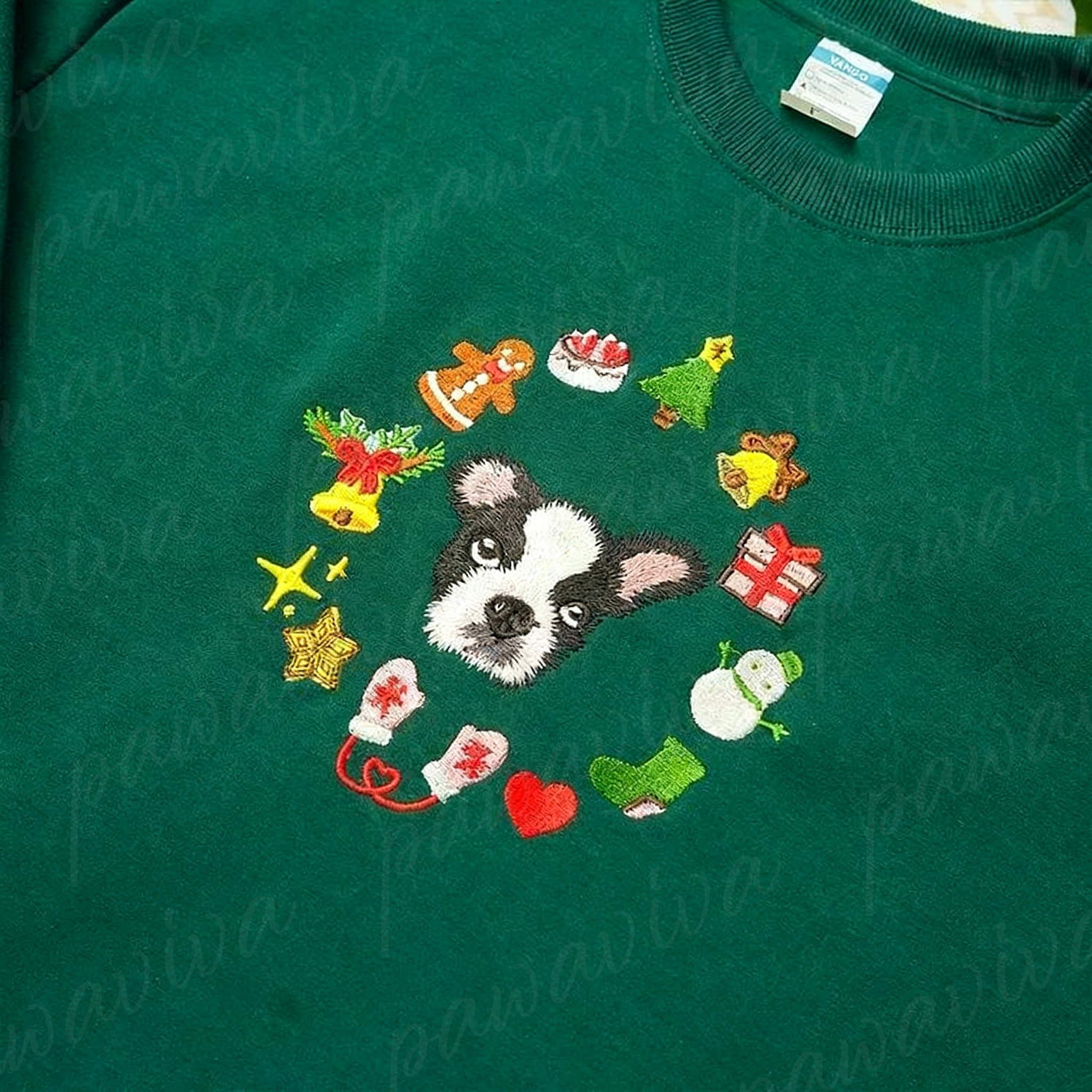 Custom Pet Portrait Christmas Sweatshirt with Festive Embroidered Elements