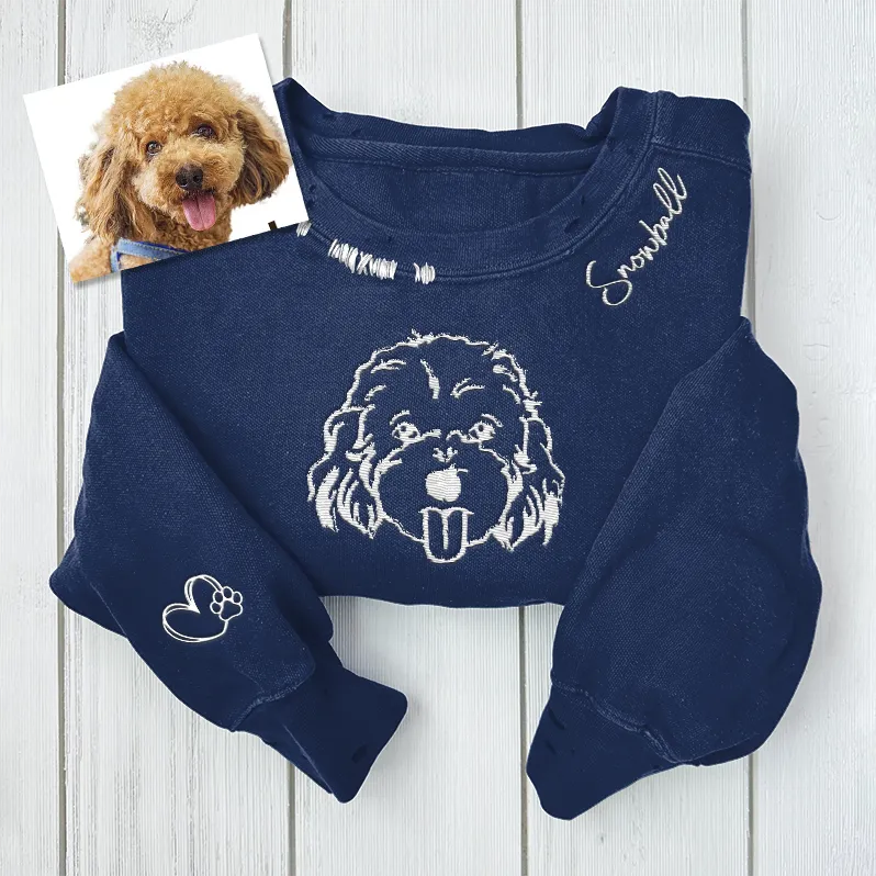 VINTAGE CUSTOM CREW-Custom Pet,Dog,Cat Face Outline Embroidered Hand Distressed Sweatshirt