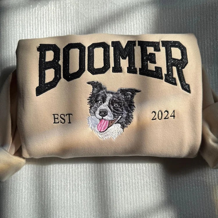Custom Pet Portrait Sweatshirt – Embroidered Dog Face & Sparkling Sequin Name