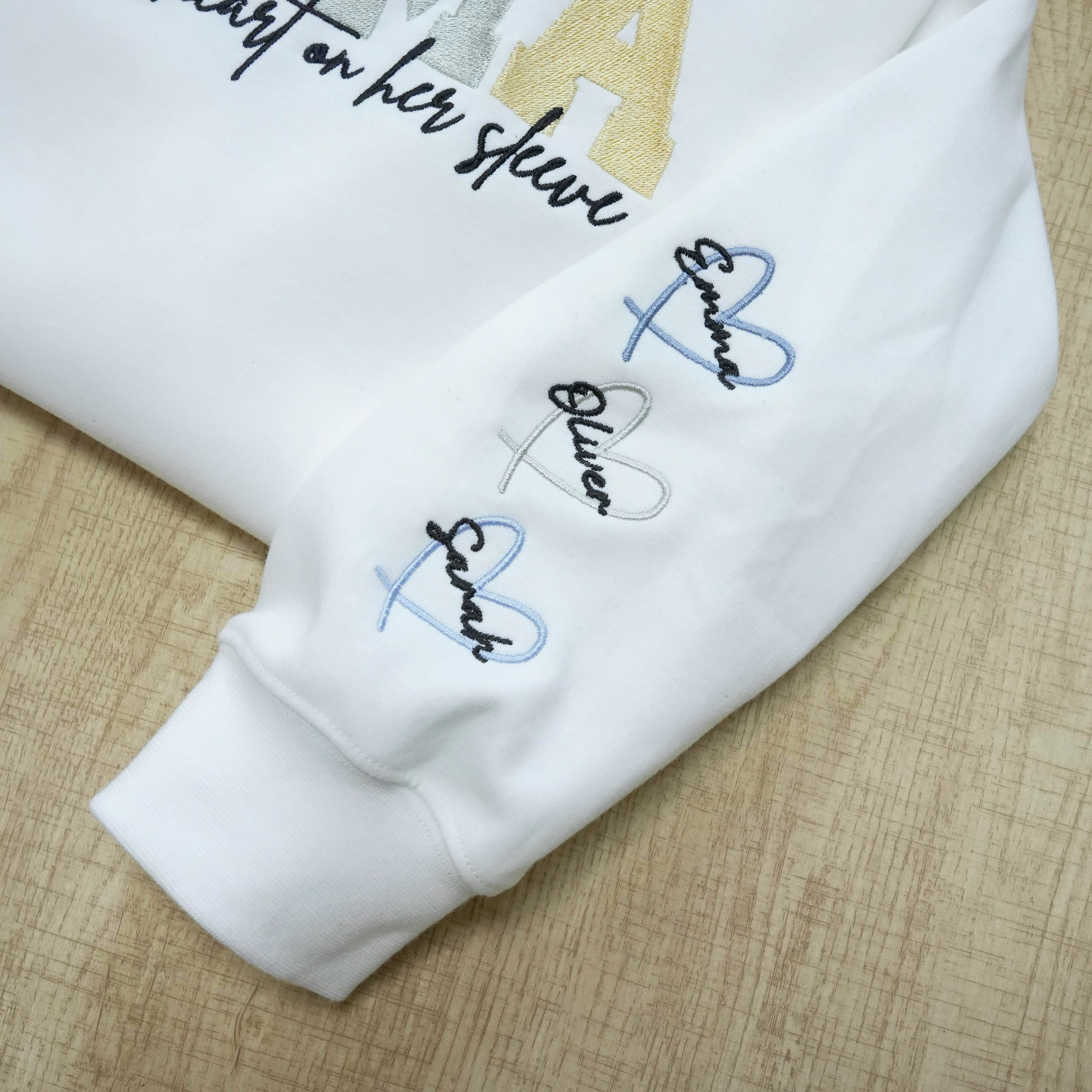 Embroidered Custom Mom Wears Her Heart On Her Sleeve T-Shirts, Sweatshirts, Hoodies