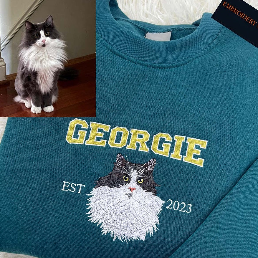 Custom Embroidered Pet Portrait Crewneck Sweatshirt, Unique Pet Gift