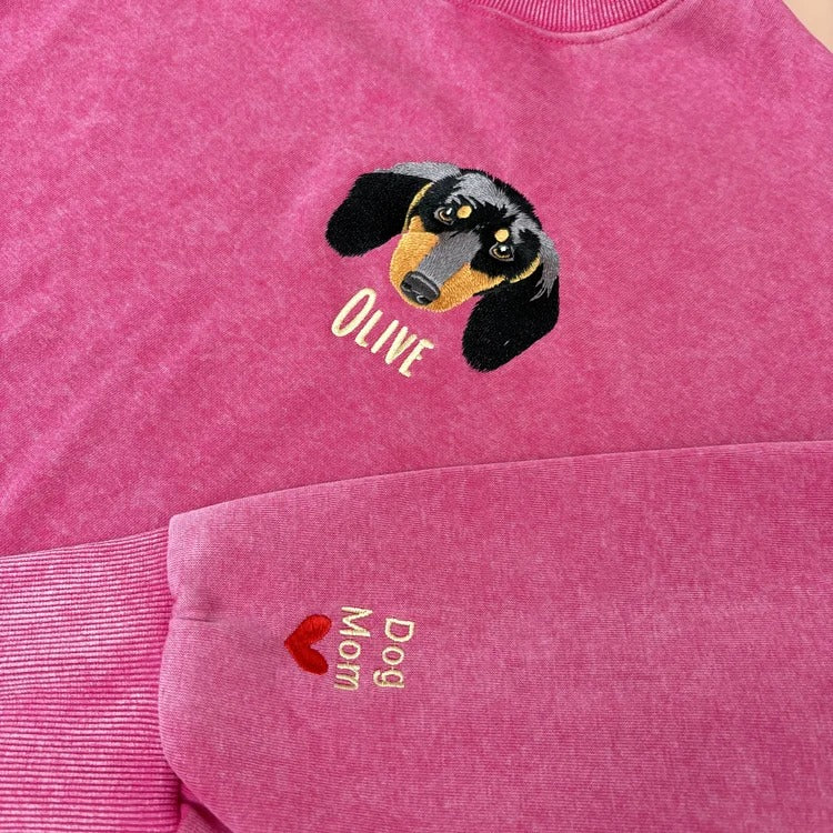 Custom Pet Portrait Embroidered Vintage Washed Sweatshirt T-Shirt Hoodie