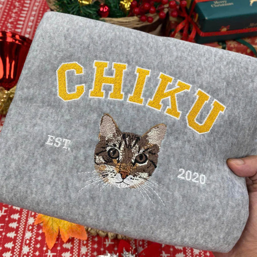 Custom Embroidered Pet Portrait Crewneck Sweatshirt, Unique Pet Gift