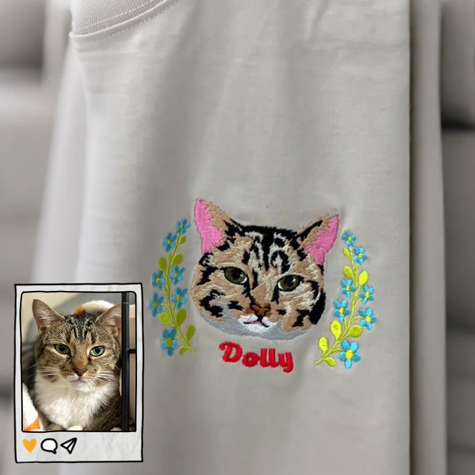 Custom Full-Color Pet Portrait Sweatshirt, Personalized Dog Embroidered Hoodie with Floral Design