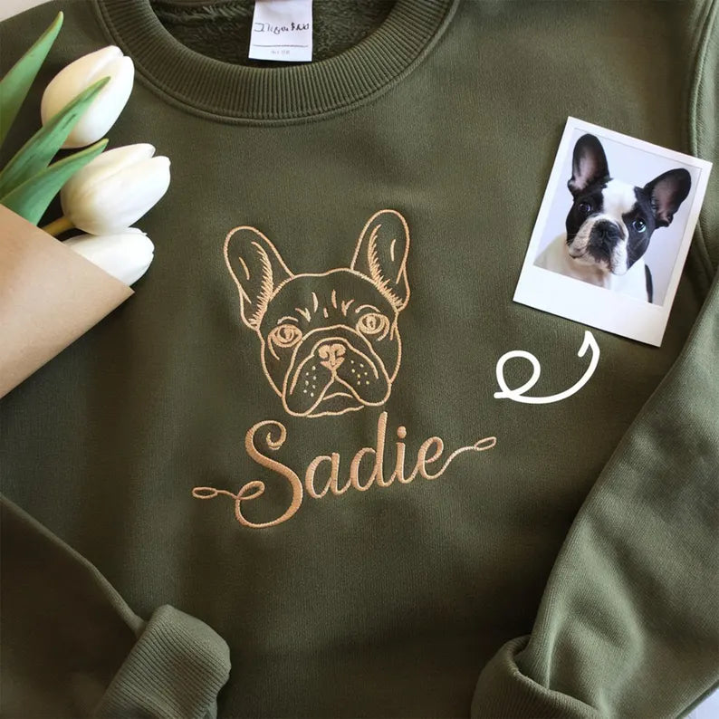 Custom EMBROIDERED Pet Outline Sweater Using Pet Photo , Name
