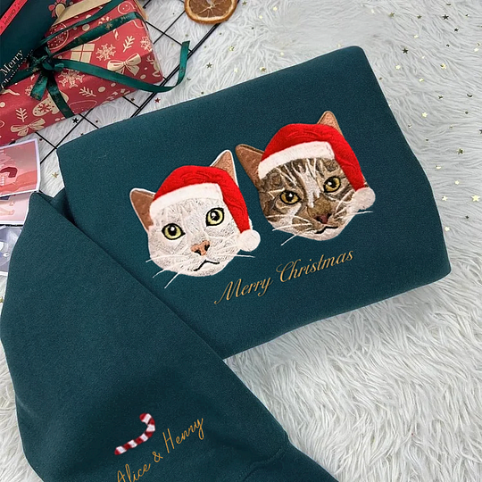 Custom Dog Cat Portrait Embroidered Christmas Sweatshirt Hoodie T-shirt