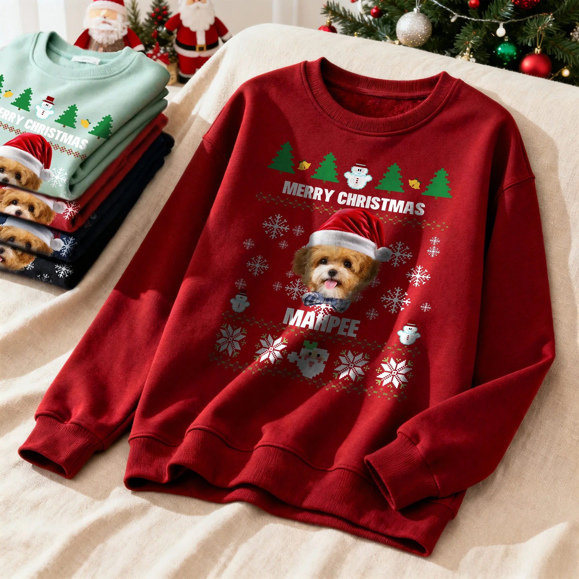 Personalized Multicolor Santa Hat 1-2 Pet Face Photos Soft Sweatshirt with Name Christmas Gift for Pet Owners