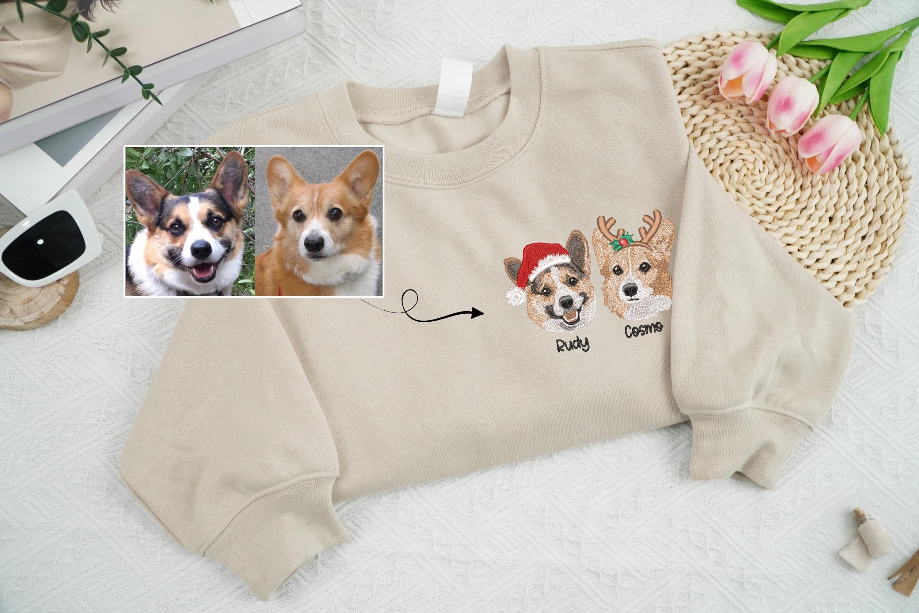 Custom Dog Portrait Christmas Sweatshirt, Personalized Pet Face Shirt, Pet Lovers Gift
