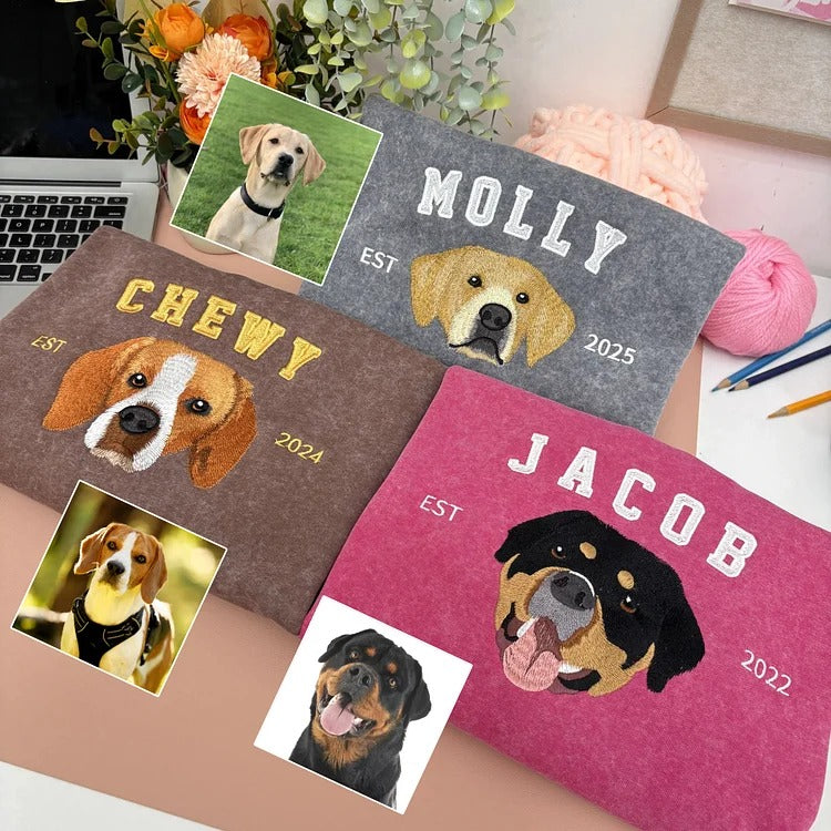 Custom Pet Photo & Name Embroidered Vintage Washed Sweatshirt T-Shirt Hoodie