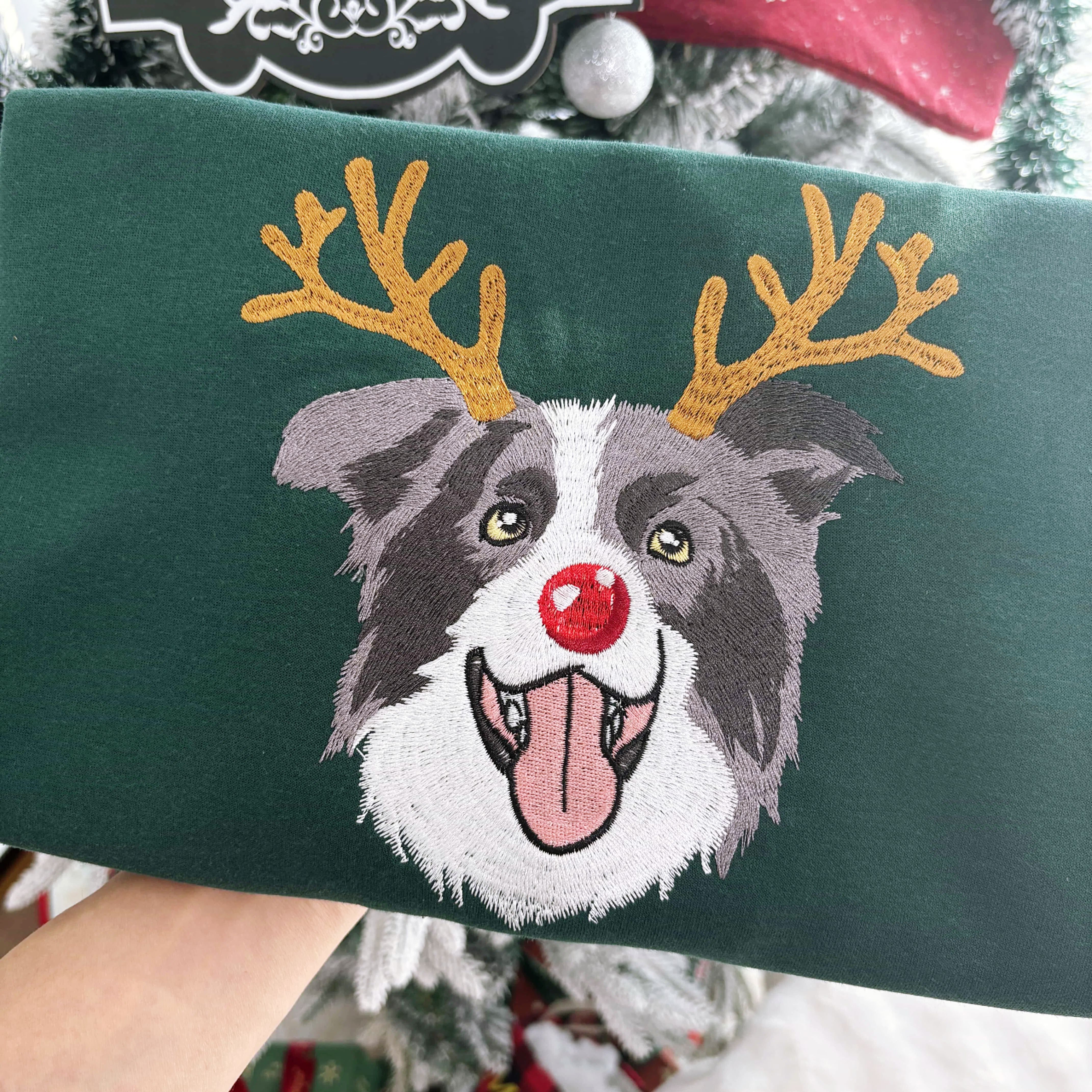Custom Dog Embroidered Christmas Sweatshirt with Funny Reindeer Design