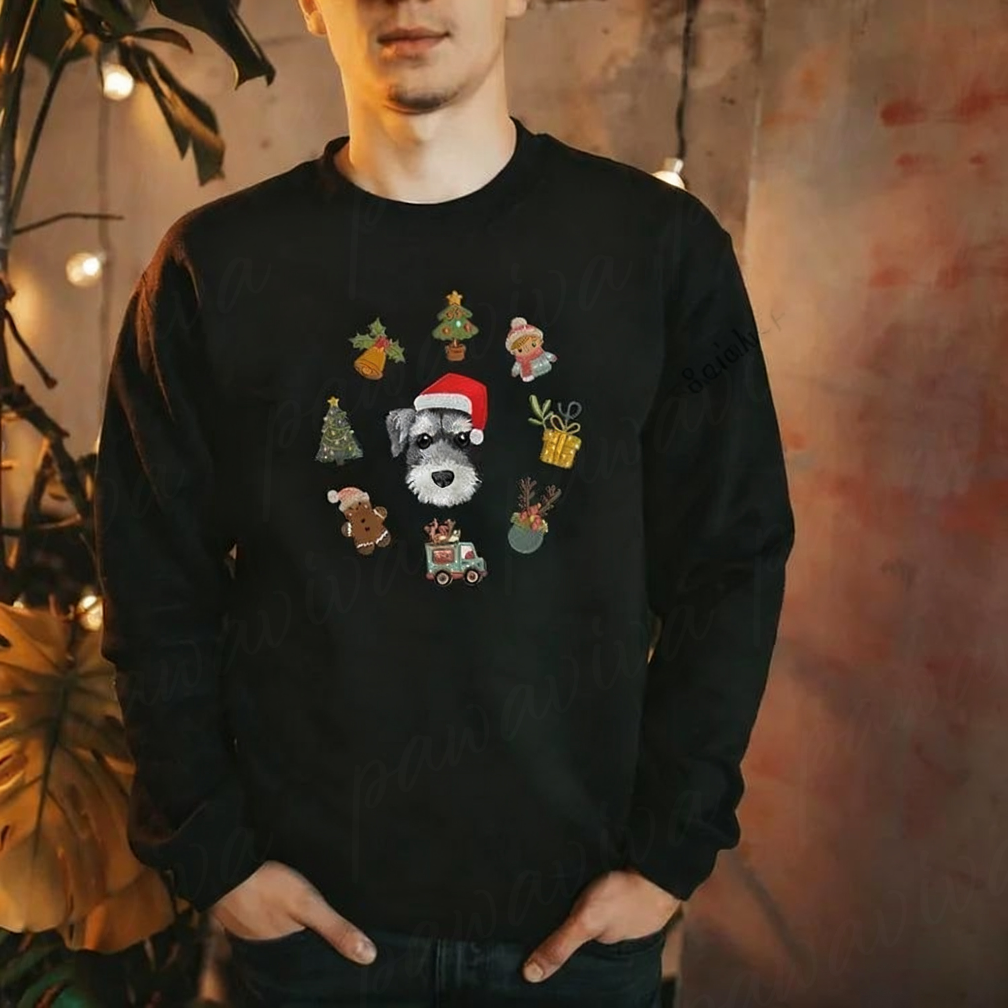 Custom Pet Portrait Christmas Sweatshirt with Festive Embroidered Elements