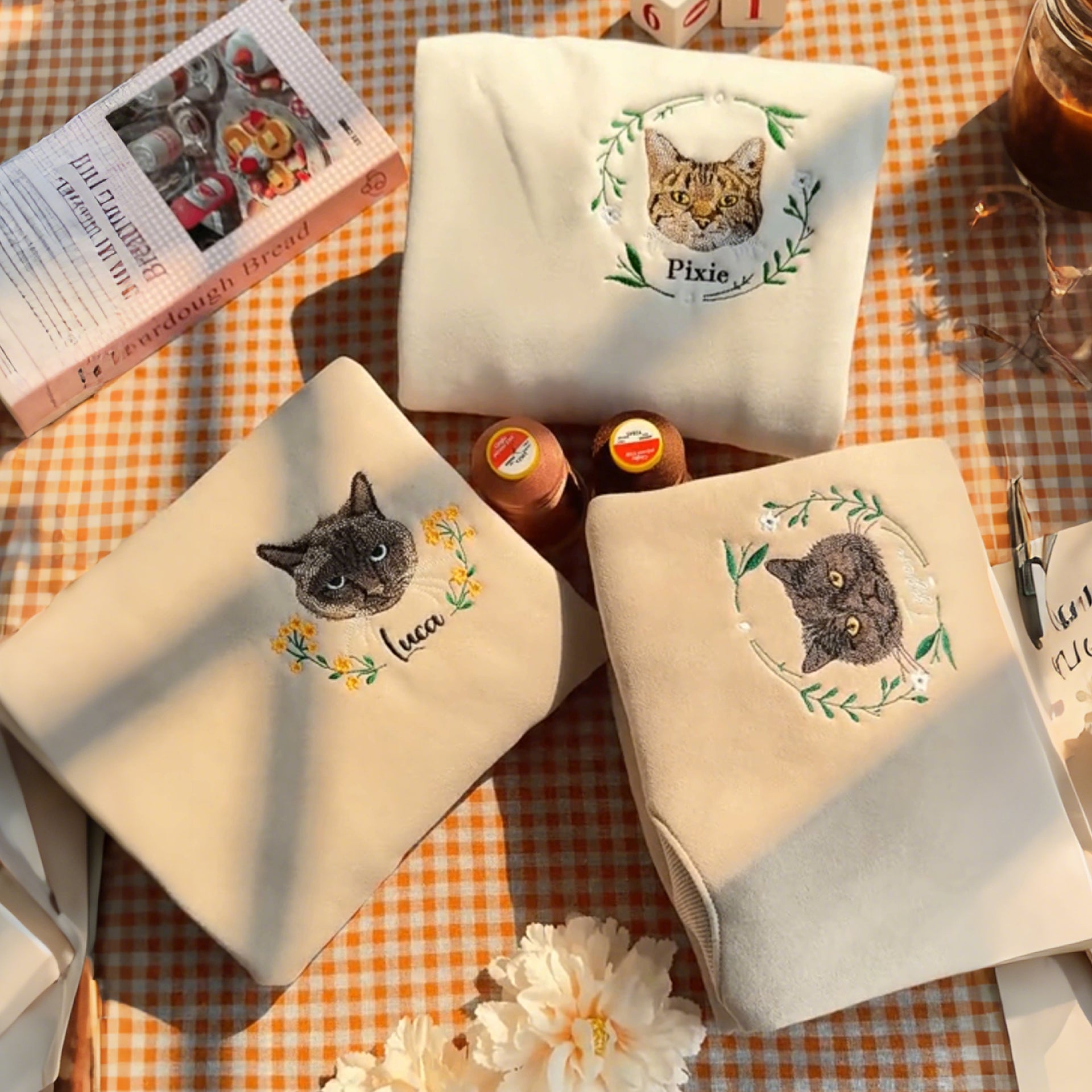 Personalized Embroidered Hoodie, Custom Dog Portrait in Full-Color with Floral wreath Design