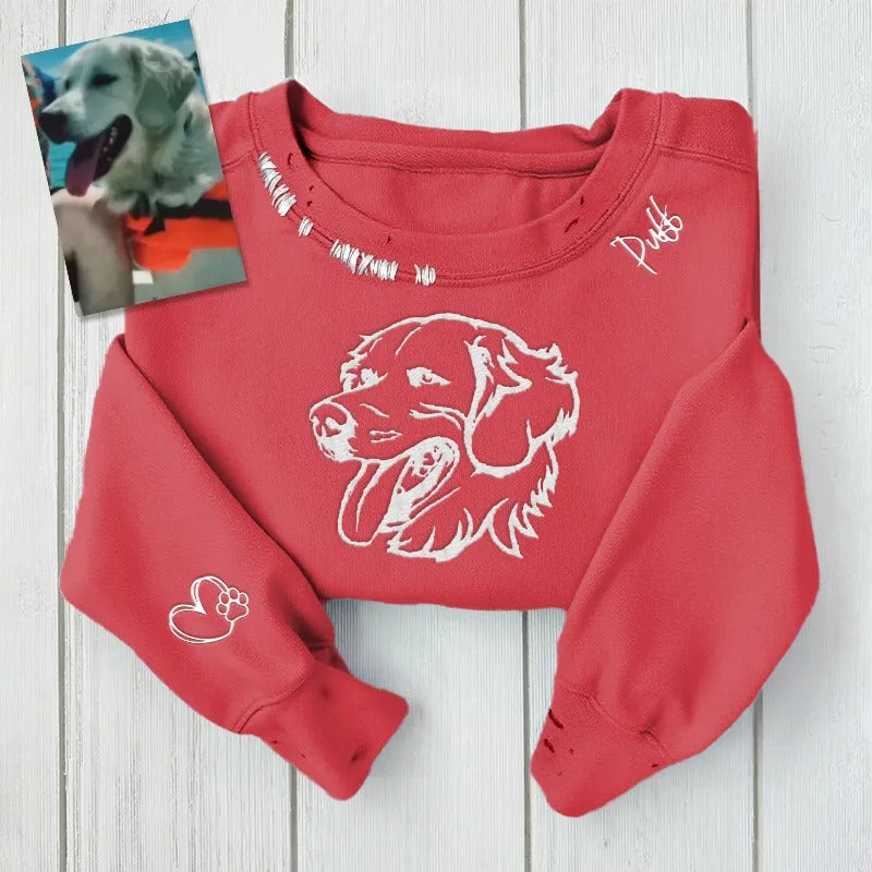 VINTAGE CUSTOM CREW-Custom Pet,Dog,Cat Face Outline Embroidered Hand Distressed Sweatshirt