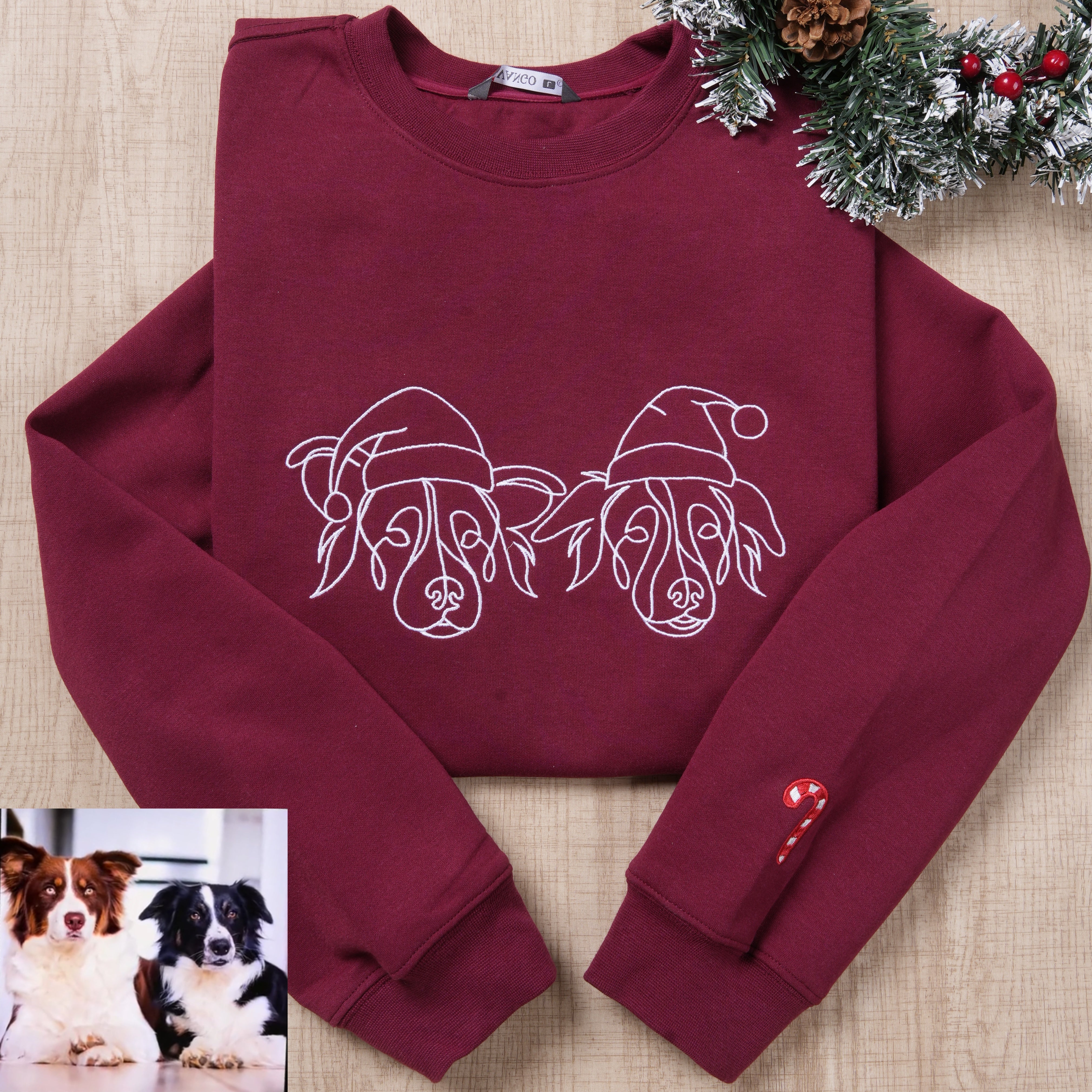Custom Christmas Pet Face Sketch Embroidered Fleece Hoodie with Santa Hat