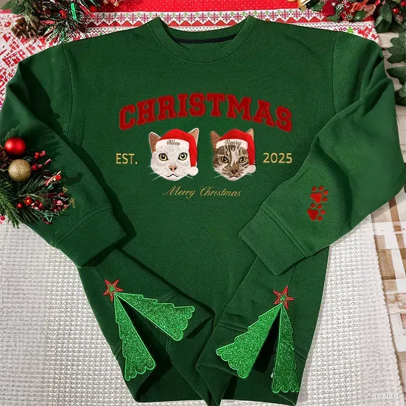 Custom Merry Christmas Embroidered Pet Portrait Sweatshirt with Glitter Side Bow Design