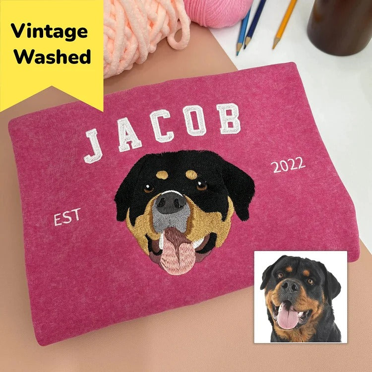 Custom Pet Photo & Name Embroidered Vintage Washed Sweatshirt T-Shirt Hoodie