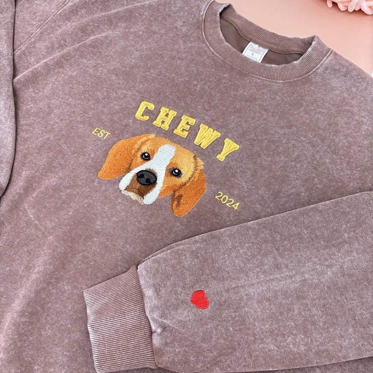 Custom Pet Photo & Name Embroidered Vintage Washed Sweatshirt T-Shirt Hoodie