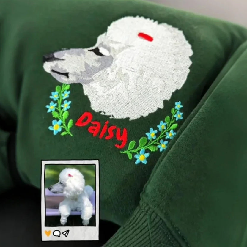 Custom Full-Color Pet Portrait Sweatshirt, Personalized Dog Embroidered Hoodie with Floral Design