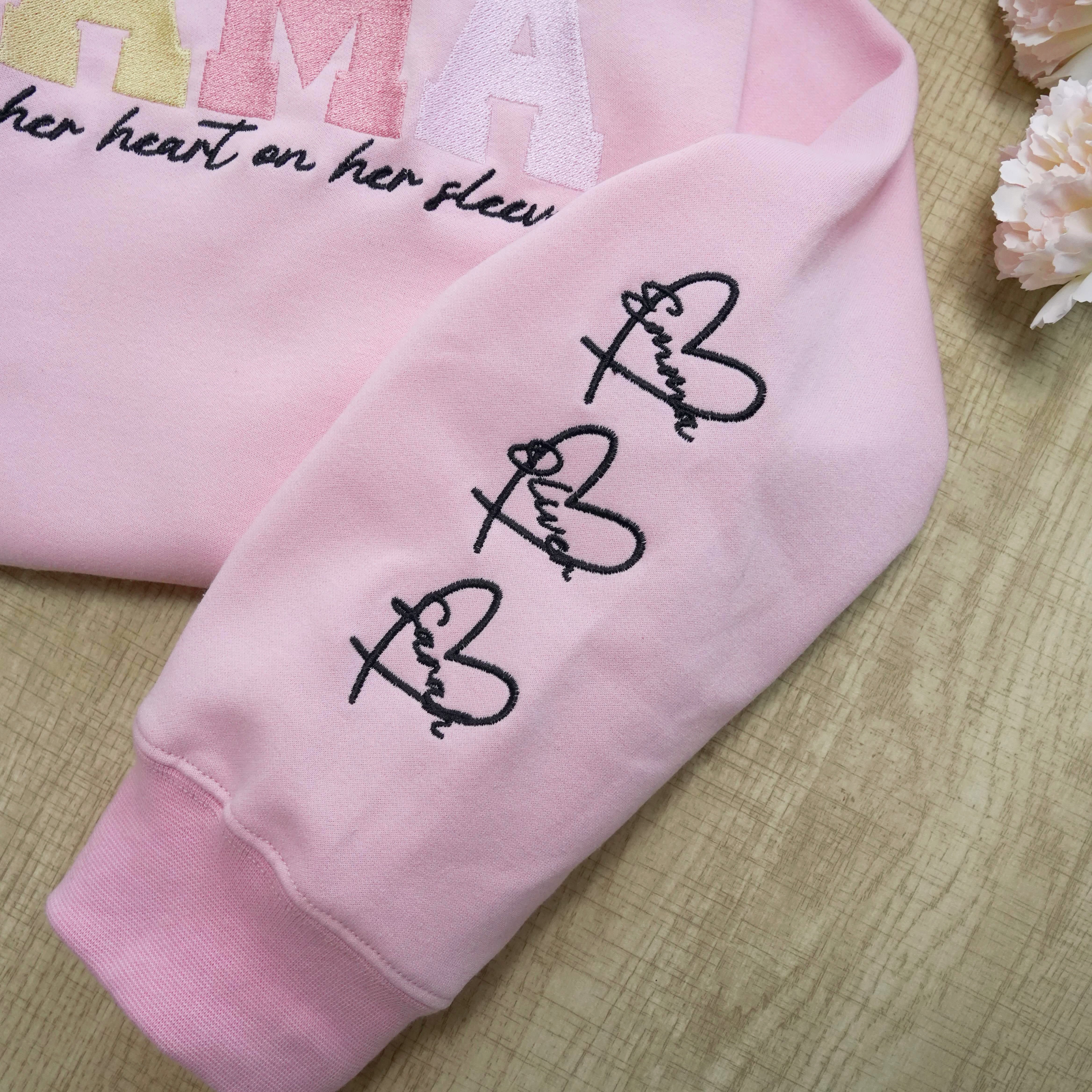 Embroidered Custom Mom Wears Her Heart On Her Sleeve T-Shirts, Sweatshirts, Hoodies